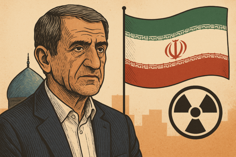 Illustration of an Iranian statesman in formal attire, set against a backdrop featuring the Iranian flag, a mosque dome, and a nuclear symbol, symbolizing Iran’s nuclear negotiations.