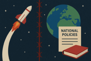 A digital illustration showing a rocket launching on the left side, divided by barbed wire from Earth, documents labeled "National Policies," and a red book on the right side, set against a starry space background.