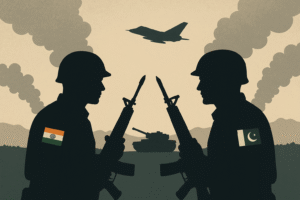 Silhouettes of two soldiers facing each other with rifles raised, one wearing the Indian flag and the other the Pakistani flag, with a tank between them and a fighter jet overhead amid rising smoke.