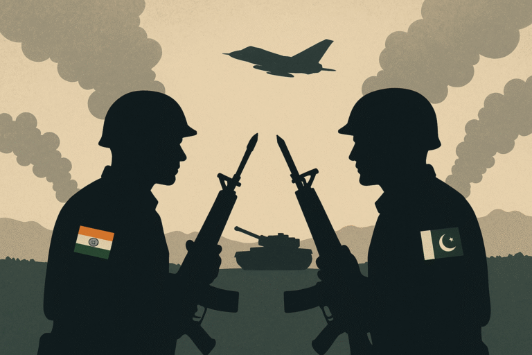 Silhouettes of two soldiers facing each other with rifles raised, one wearing the Indian flag and the other the Pakistani flag, with a tank between them and a fighter jet overhead amid rising smoke.