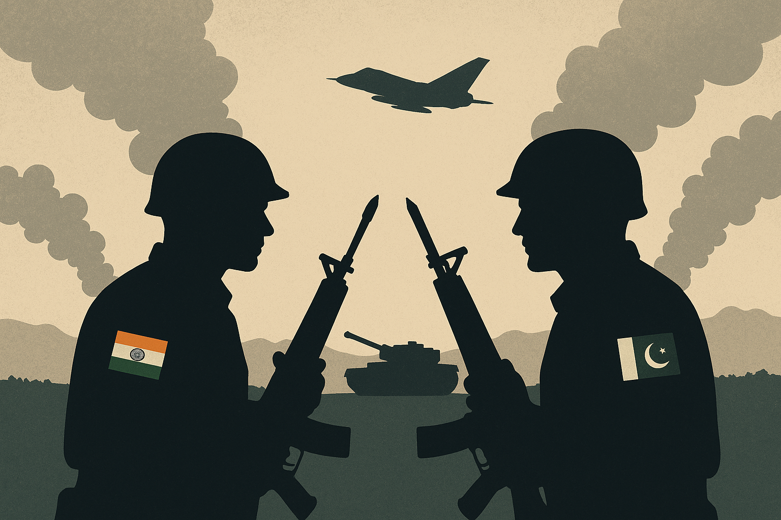 Illustration of India-Pakistan Conflict Through a Realist Lens Silhouettes of two soldiers facing each other with rifles raised, one wearing the Indian flag and the other the Pakistani flag, with a tank between them and a fighter jet overhead amid rising smoke.