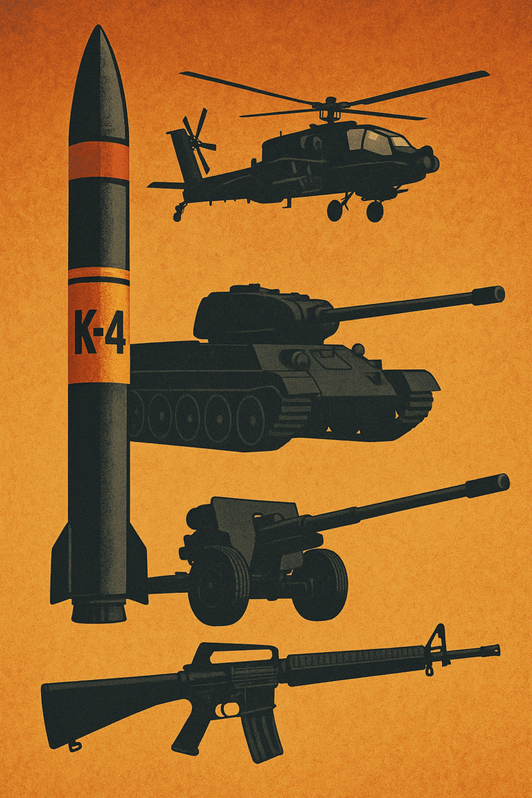 A stylized digital illustration displaying a lineup of modern military weapons, including a K-4 ballistic missile, an attack helicopter, a battle tank, an artillery cannon, and an assault rifle, all silhouetted against a textured orange background.