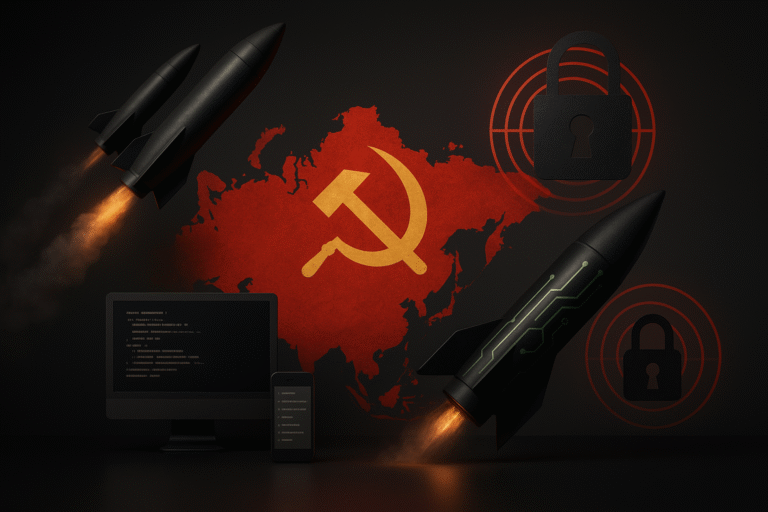 A realistic digital illustration showing Russia facing missile and cybersecurity threats. Two black missiles fly with fiery exhaust, a black missile with circuit patterns launches from the right, while a red map of Russia with a golden hammer and sickle dominates the center. Computer screens with code and padlock icons emphasize cyber vulnerabilities.