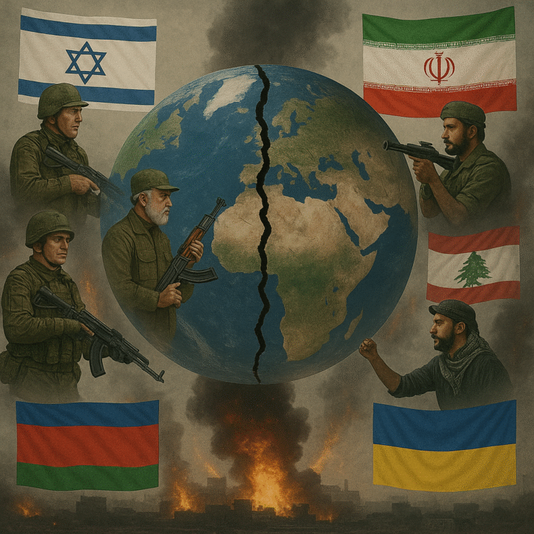 Fractured Earth surrounded by soldiers and national flags symbolizing escalating global conflicts, including Israel versus Iran, Palestine, Lebanon, and Russia versus Ukraine, against a backdrop of destruction and rising smoke.