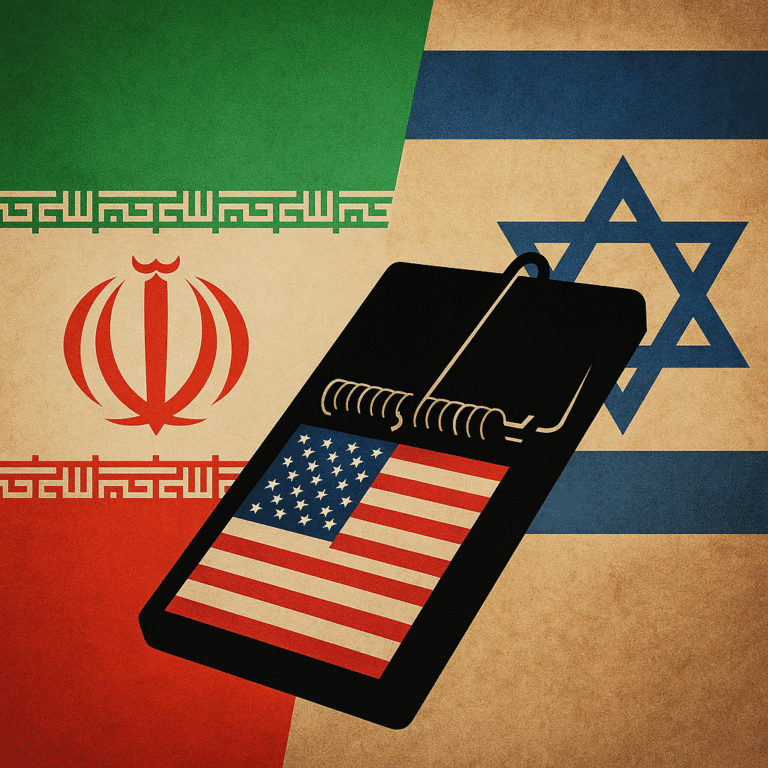 A stylized geopolitical illustration showing the Iranian and Israeli flags on either side, with a large black mousetrap in the center containing the U.S. flag as bait.
