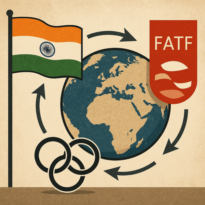 India’s Strategic Leverage in Global Governance and FATF Influence A conceptual digital illustration showing India’s growing influence over international organizations, with arrows pointing from the Indian flag toward the FATF emblem on a global map.