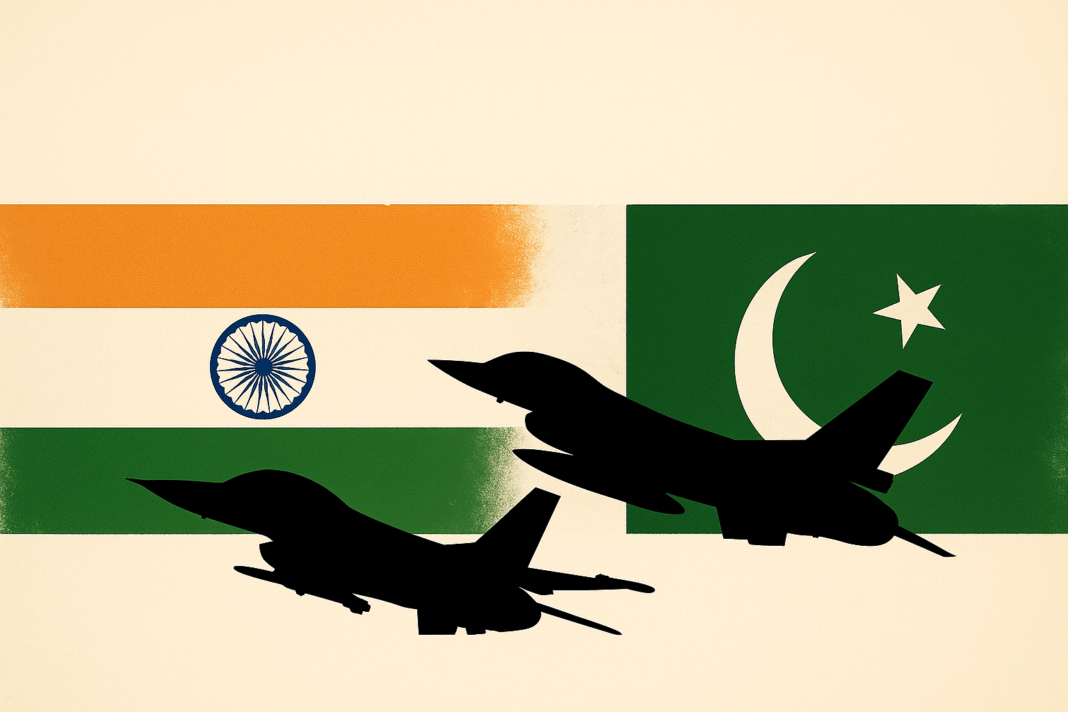 Silhouettes of two fighter jets fly across the backdrop of Indian and Pakistani flags, symbolizing military tension and air power dynamics.