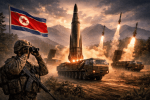 Mobile missile launch vehicles and rockets lifting off in a mountainous landscape alongside the North Korean flag and military personnel, symbolizing North Korea’s survivable and mobile missile capabilities.