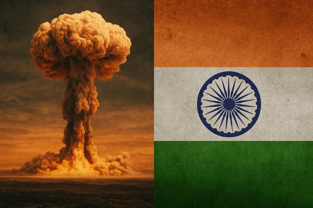 Symbolic Representation of India’s Pokhran-II Nuclear Tests Mushroom cloud from a nuclear explosion on the left side and the Indian national flag on the right side, symbolizing the Pokhran-II nuclear tests.
