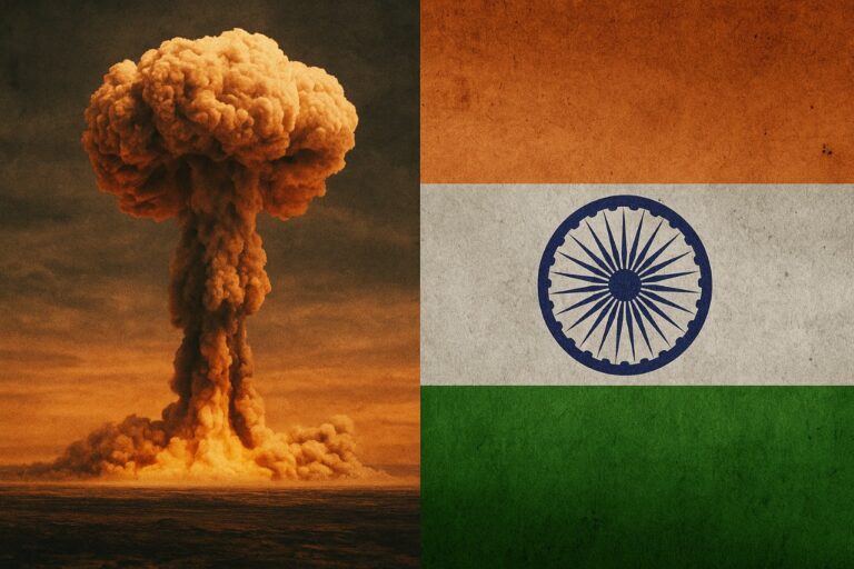 Mushroom cloud from a nuclear explosion on the left side and the Indian national flag on the right side, symbolizing the Pokhran-II nuclear tests.