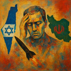 An expressive oil painting of a pensive man holding his head, flanked by abstract depictions of Israel (with a Star of David) and Iran (with its national emblem), with a missile launching between them against a textured warm background.