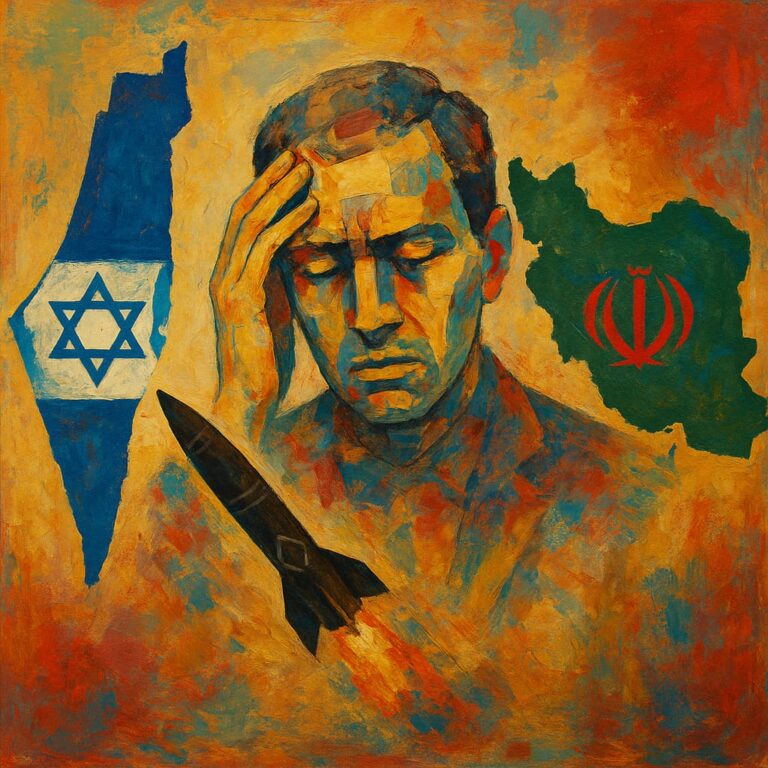 An expressive oil painting of a pensive man holding his head, flanked by abstract depictions of Israel (with a Star of David) and Iran (with its national emblem), with a missile launching between them against a textured warm background.