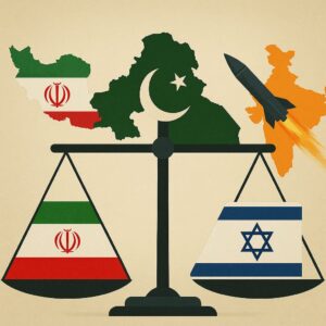 A conceptual illustration showing Pakistan at the center of a balancing scale, with Iran’s flag on one side and Israel’s flag on the other. Behind the scale, maps of Iran, Pakistan, and India are visible, with a missile launching from India, symbolizing escalating regional tensions.