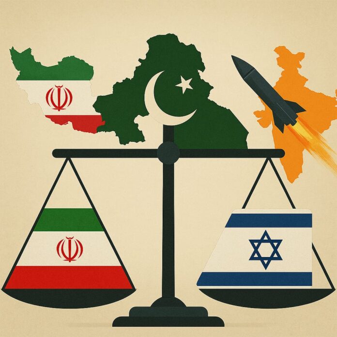Pakistan’s Strategic Balancing Amid Iran-Israel Conflict and Regional Escalation A conceptual illustration showing Pakistan at the center of a balancing scale, with Iran’s flag on one side and Israel’s flag on the other. Behind the scale, maps of Iran, Pakistan, and India are visible, with a missile launching from India, symbolizing escalating regional tensions.