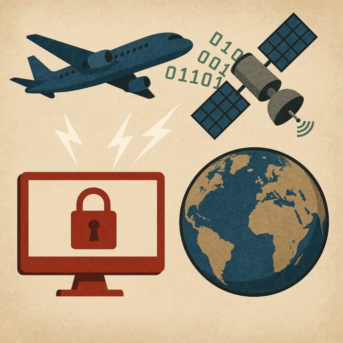 Cybersecurity Threats to Aerospace and Orbital Infrastructure A digital illustration showing a computer with a lock symbol, an airplane, a satellite emitting binary code, and the Earth—symbolizing cybersecurity threats to air and space infrastructure.