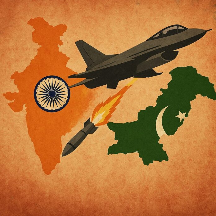 Depiction of Escalating Tensions: India-Pakistan Military Confrontation A digital illustration depicting India and Pakistan in their national colors, with a fighter jet launching a missile from India towards Pakistan, symbolizing military aggression and conflict.
