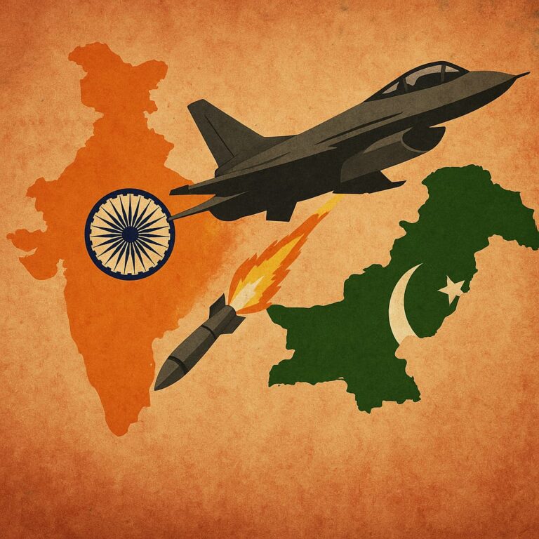 A digital illustration depicting India and Pakistan in their national colors, with a fighter jet launching a missile from India towards Pakistan, symbolizing military aggression and conflict.