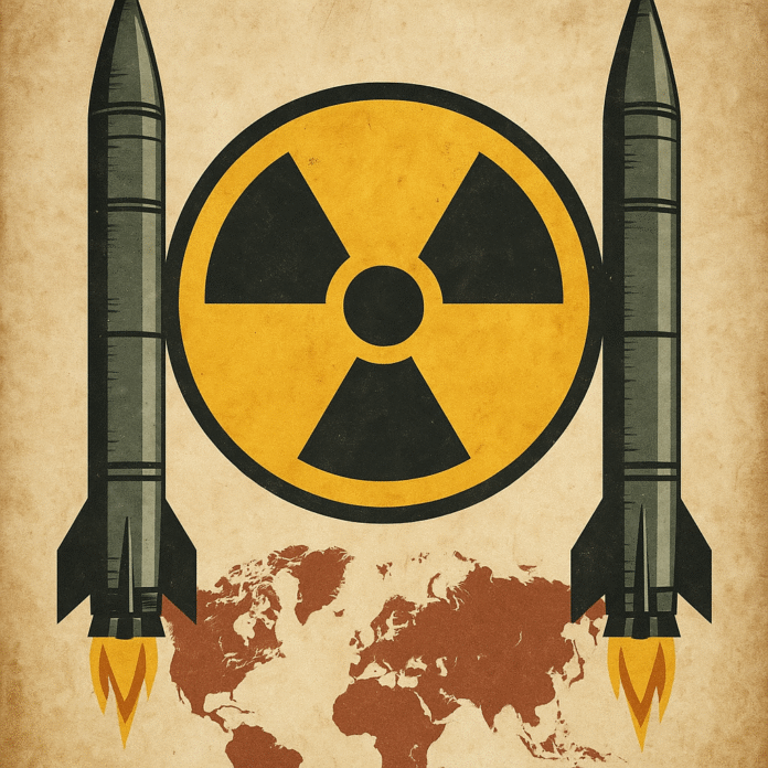 Nuclear Deterrence and the Revival of Realpolitik A vintage-style illustration of two ballistic missiles flanking a yellow nuclear symbol above a red-toned world map on aged parchment.
