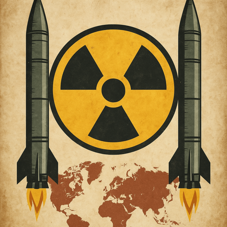 A vintage-style illustration of two ballistic missiles flanking a yellow nuclear symbol above a red-toned world map on aged parchment.