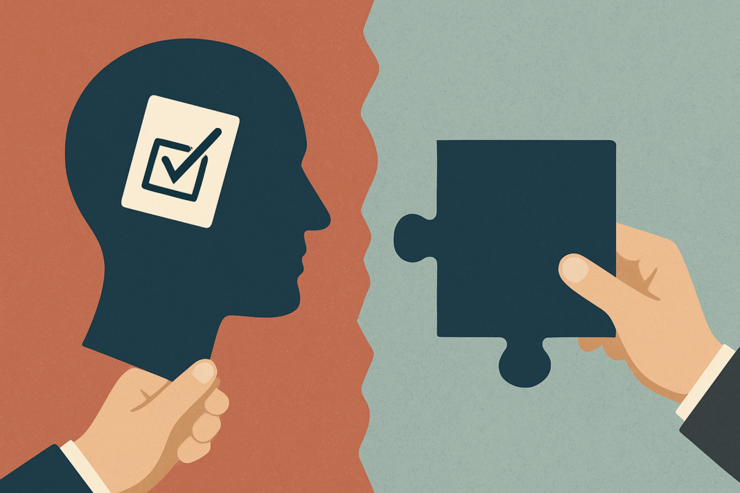 When Personal Convictions Clash with National Cohesion Abstract illustration showing a human head silhouette with a ballot checkmark on one side and a separate puzzle piece held by another hand on the opposite side, symbolizing the disconnect between personal and national politics.