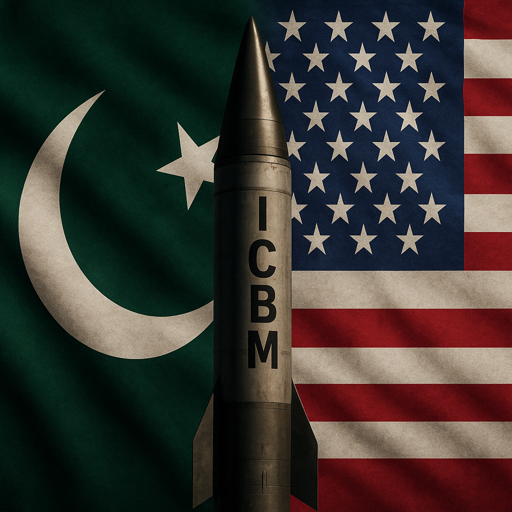 Tensions Over ICBM Allegations: US-Pakistan Strategic Frictions A digital composite image featuring an ICBM missile positioned between the national flags of Pakistan and the United States.