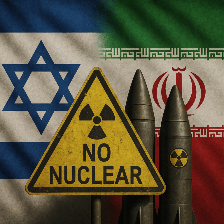A digital image showing Israeli and Iranian flags with nuclear missiles and a yellow "No Nuclear" warning sign in the foreground.