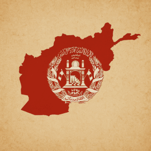 A red silhouette map of Afghanistan with the national emblem centered, displayed on a textured beige background.