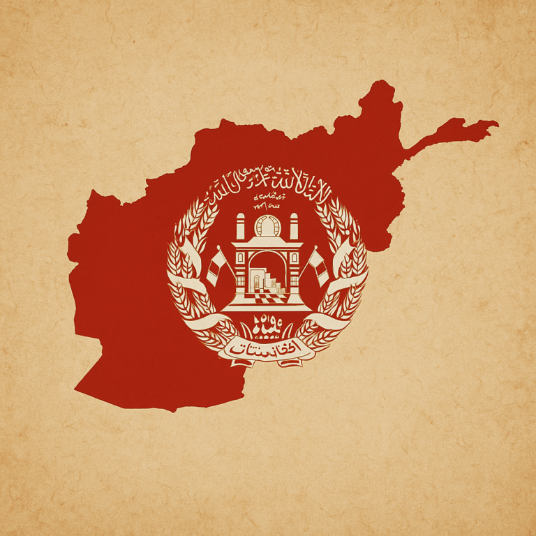 A red silhouette map of Afghanistan with the national emblem centered, displayed on a textured beige background.
