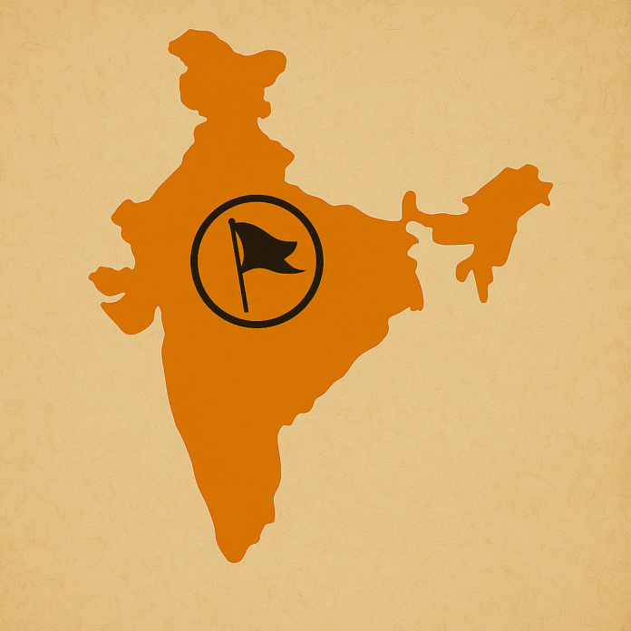 Symbolic Representation of Political Influence in Mainland India A saffron-colored map of India excluding Jammu & Kashmir, centered with a black flag symbol on a textured beige background.