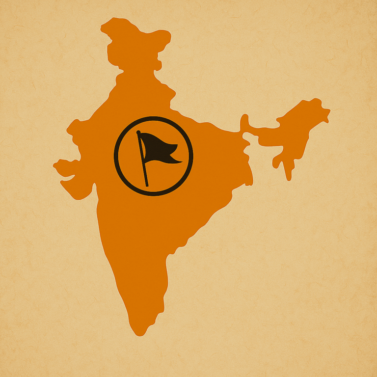A saffron-colored map of India excluding Jammu & Kashmir, centered with a black flag symbol on a textured beige background.