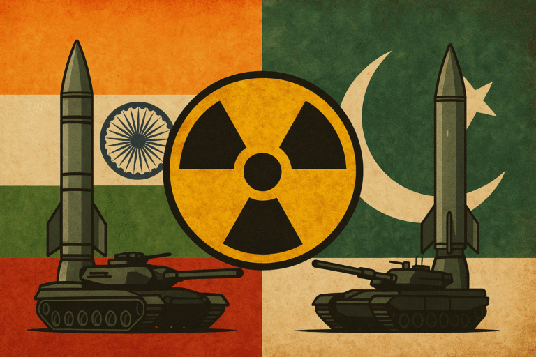 A stylized illustration showing India and Pakistan flags flanking a large radiation symbol, with tanks and nuclear missiles beneath each flag, symbolizing nuclear tension.
