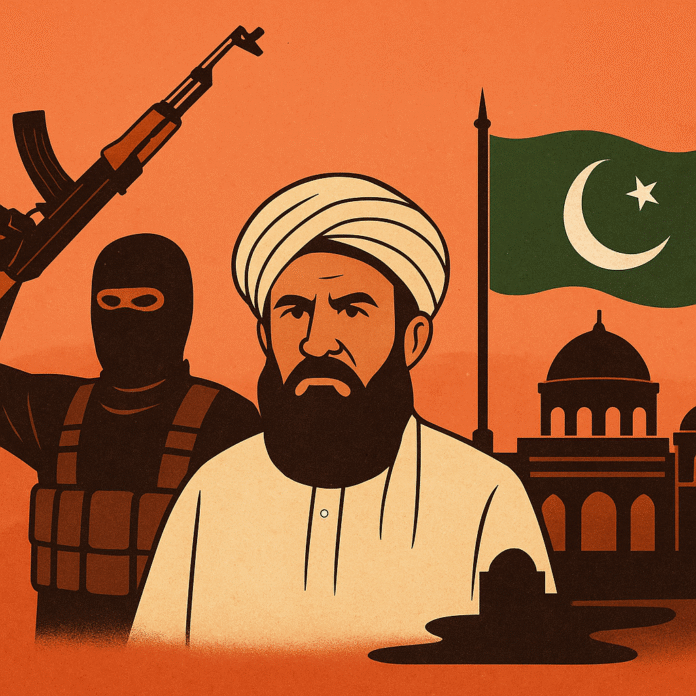 Power Struggles in Balochistan: Militancy, Religion, and the State A stylized illustration showing a militant holding a rifle, a stern-faced cleric in traditional Islamic attire, and state buildings with a waving Pakistani flag—symbolizing the complex power dynamics in Balochistan.