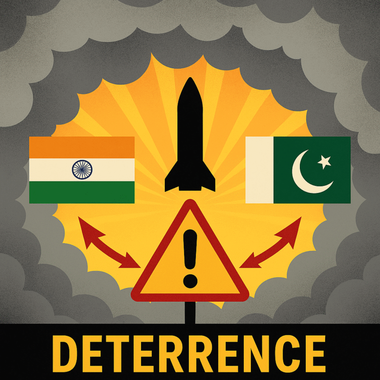 A stylized graphic showing India and Pakistan flags pointing toward a central missile and warning sign, all set against a smoky, fog-filled background symbolizing tension and deterrence in a post-truth environment.