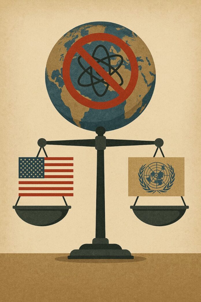 NPT Under Scrutiny: Unequal Standards in Nuclear Governance A digital illustration of a weighing scale with the U.S. flag on one side and the U.N. flag on the other, beneath a globe marked with a nuclear prohibition symbol—representing global imbalance and critique of the NPT.