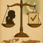 Golden scales of justice balanced with a female silhouette and a legal document, set against a parchment-textured background in neutral academic tones