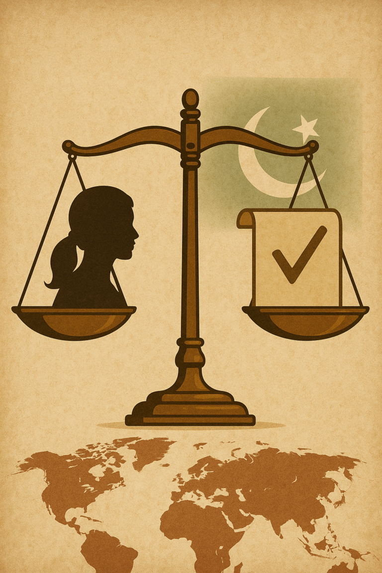Golden scales of justice balanced with a female silhouette and a legal document, set against a parchment-textured background in neutral academic tones