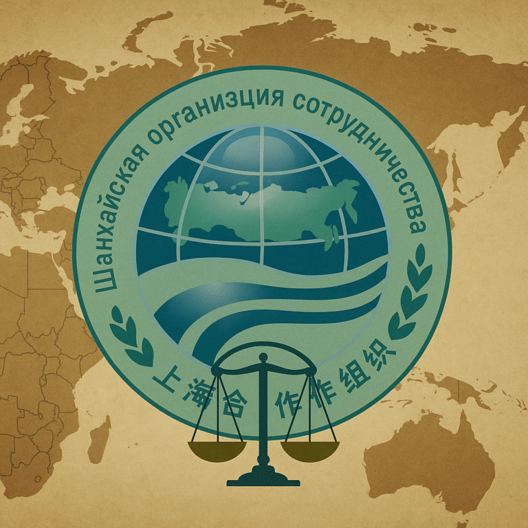 Illustration of the Shanghai Cooperation Organization (SCO) emblem surrounded by regional maps and interconnected lines symbolizing crisis management and cooperative security efforts.