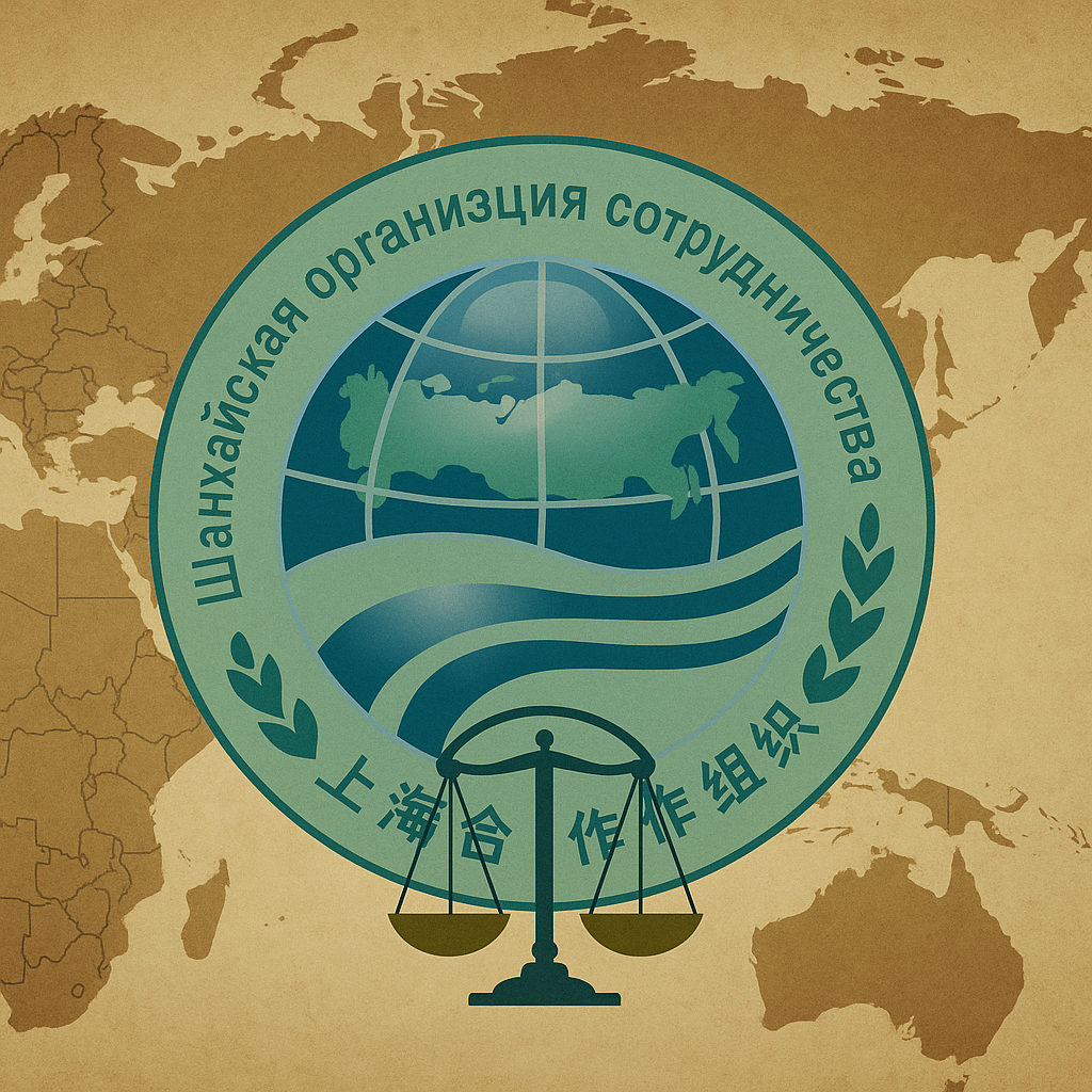 Illustration of the Shanghai Cooperation Organization (SCO) emblem surrounded by regional maps and interconnected lines symbolizing crisis management and cooperative security efforts.