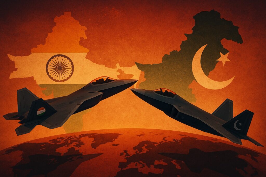 Two stealth fighter jets from India and Pakistan flying over a South Asia map, symbolizing military rivalry