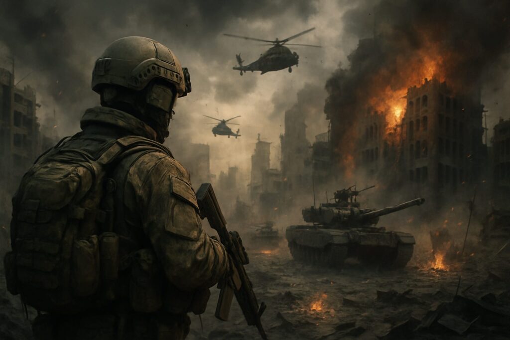 A soldier in full tactical gear stands amid a war-torn city as tanks, helicopters, and fire rage in the background.