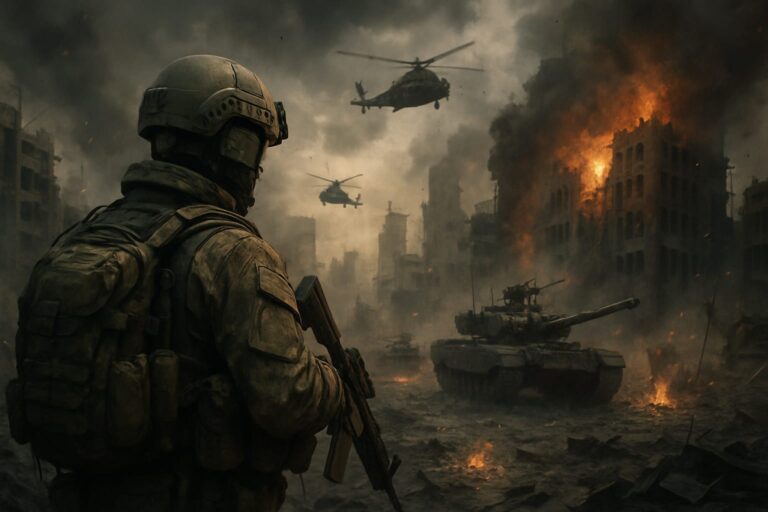A soldier in full tactical gear stands amid a war-torn city as tanks, helicopters, and fire rage in the background.
