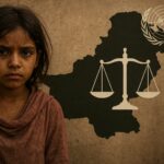 A young Pakistani girl with a distressed expression stands in front of a cracked wall, overlaid with a map of Pakistan, justice scales, and the UN emblem.