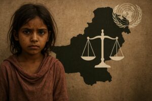 A young Pakistani girl with a distressed expression stands in front of a cracked wall, overlaid with a map of Pakistan, justice scales, and the UN emblem.