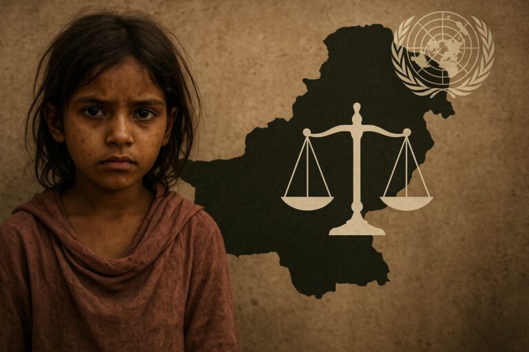 A young Pakistani girl with a distressed expression stands in front of a cracked wall, overlaid with a map of Pakistan, justice scales, and the UN emblem.
