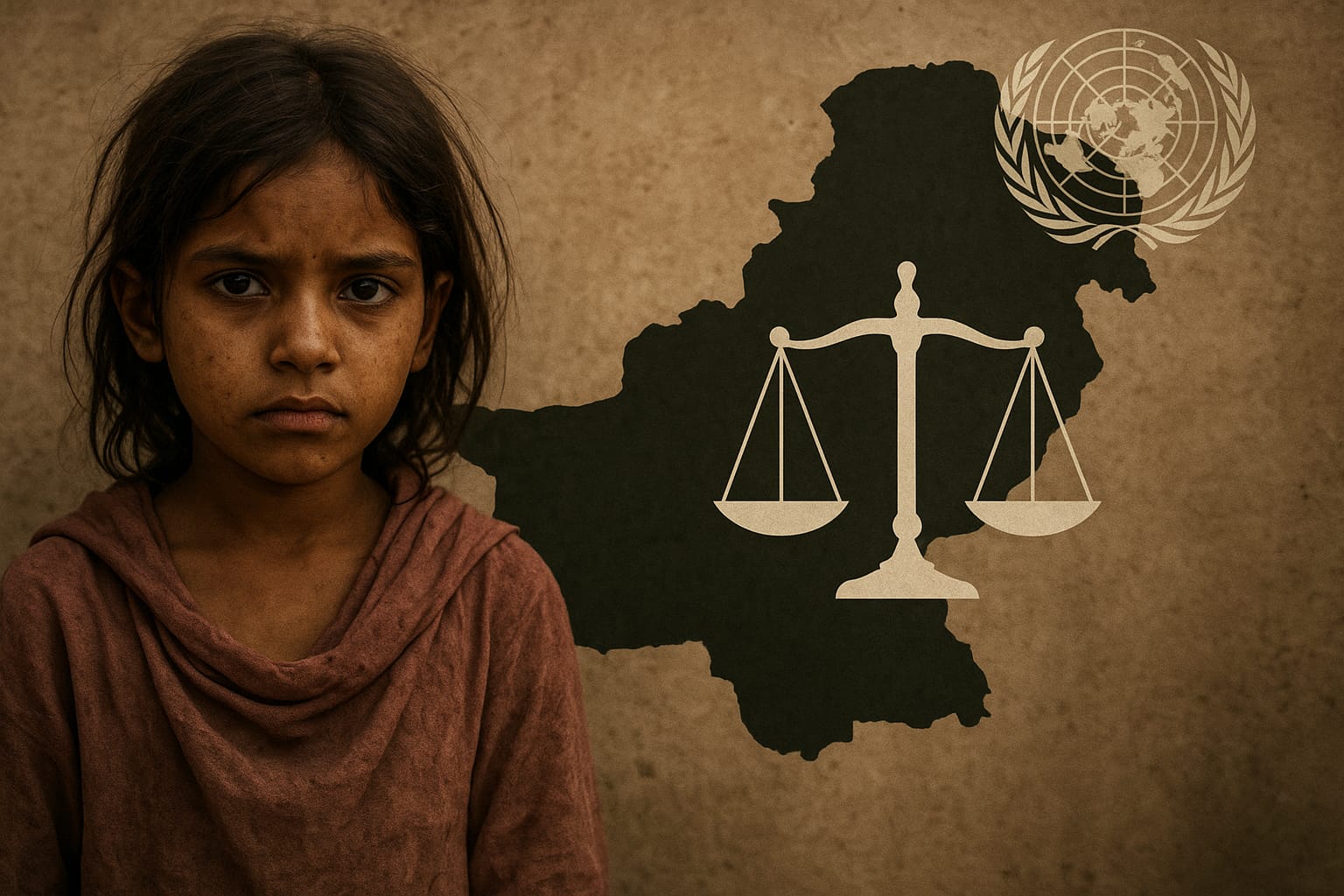A young Pakistani girl with a distressed expression stands in front of a cracked wall, overlaid with a map of Pakistan, justice scales, and the UN emblem.