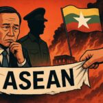 Illustration showing ASEAN’s struggle over Myanmar crisis, with a worried official, a military figure’s shadow, burning buildings, and Myanmar’s flag.