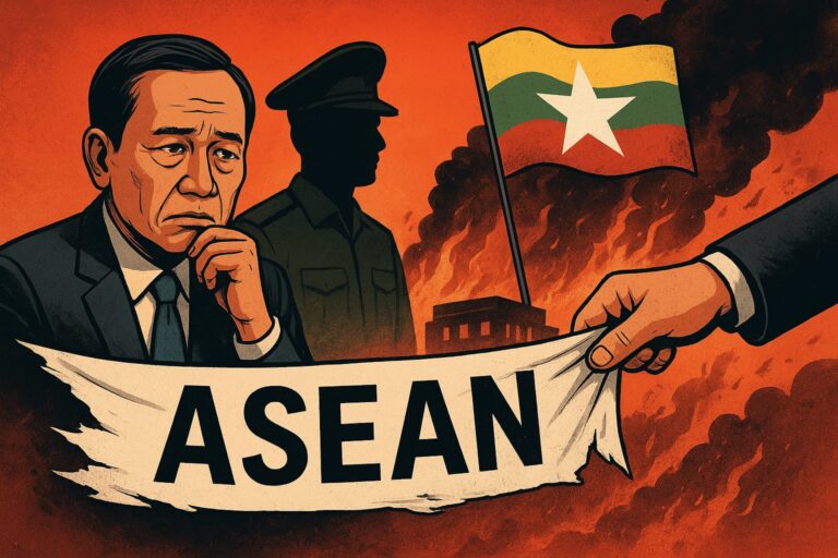 Illustration showing ASEAN’s struggle over Myanmar crisis, with a worried official, a military figure’s shadow, burning buildings, and Myanmar’s flag.