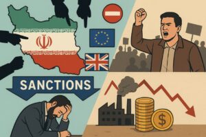 Illustration showing the impact of international sanctions on Iran with a divided scene of protests, economic decline, and global pressure.