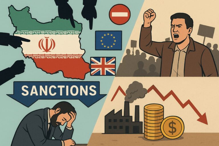 Illustration showing the impact of international sanctions on Iran with a divided scene of protests, economic decline, and global pressure.