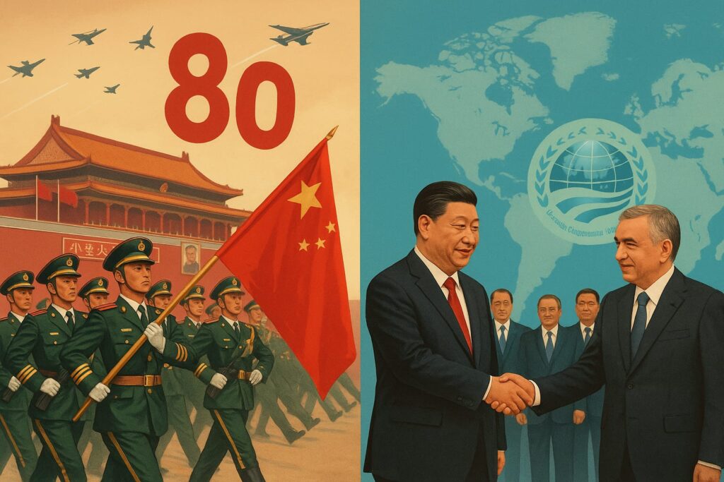 A split-screen image showing China's dual approach: on the left, a grand military parade with soldiers marching under the Tiananmen Gate and fighter jets overhead; on the right, President Xi Jinping shaking hands with a foreign leader against the backdrop of the SCO summit logo and world map.